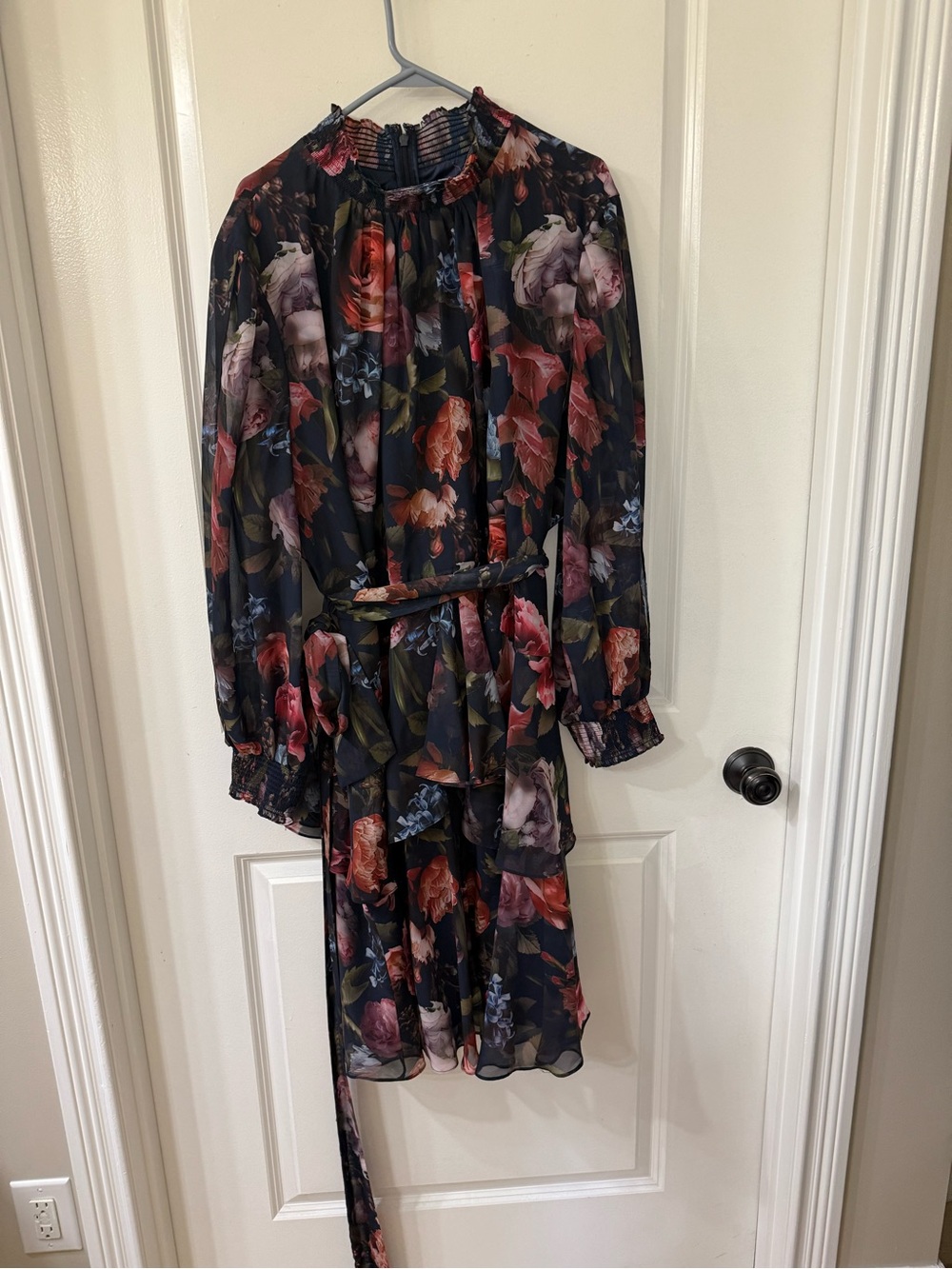 Alex Marie Navy Floral Long-Sleeve Belted Dress